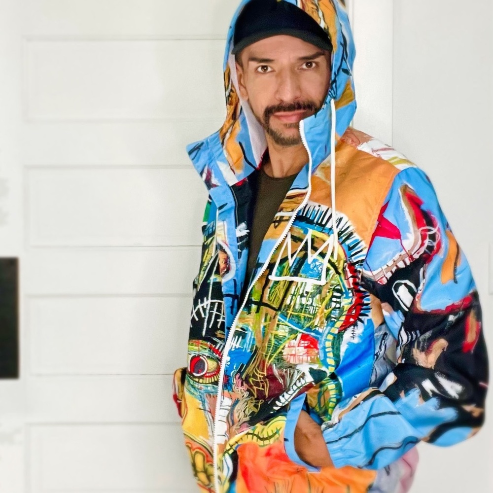 Basquiat raincoat, colorful.